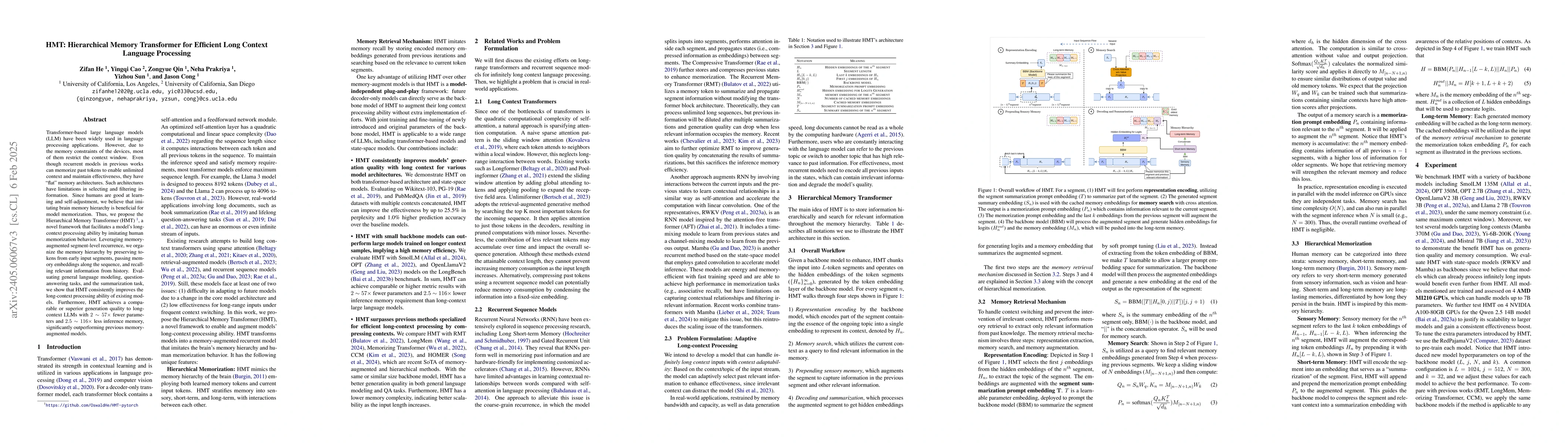 Thumbnail for HMT: Hierarchical Memory Transformer for Long Context Language
  Processing