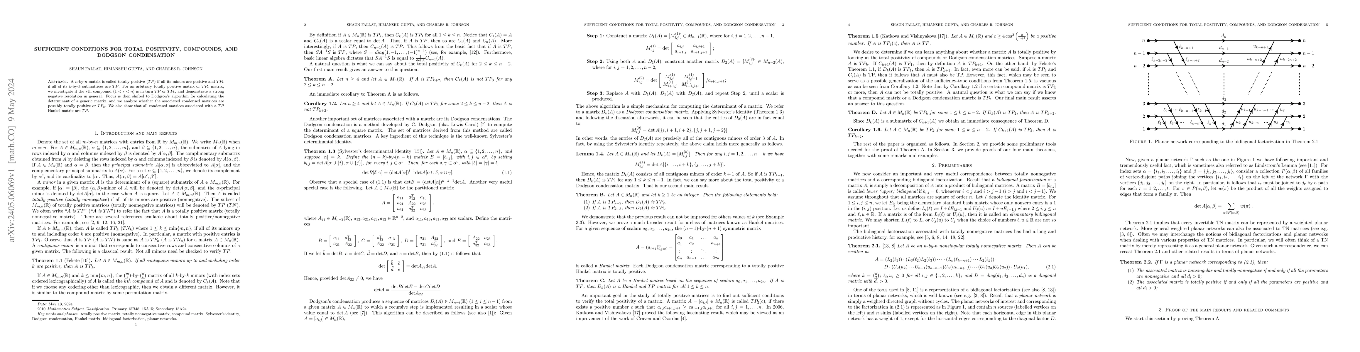 Thumbnail for Sufficient conditions for total positivity, compounds, and Dodgson
  condensation
