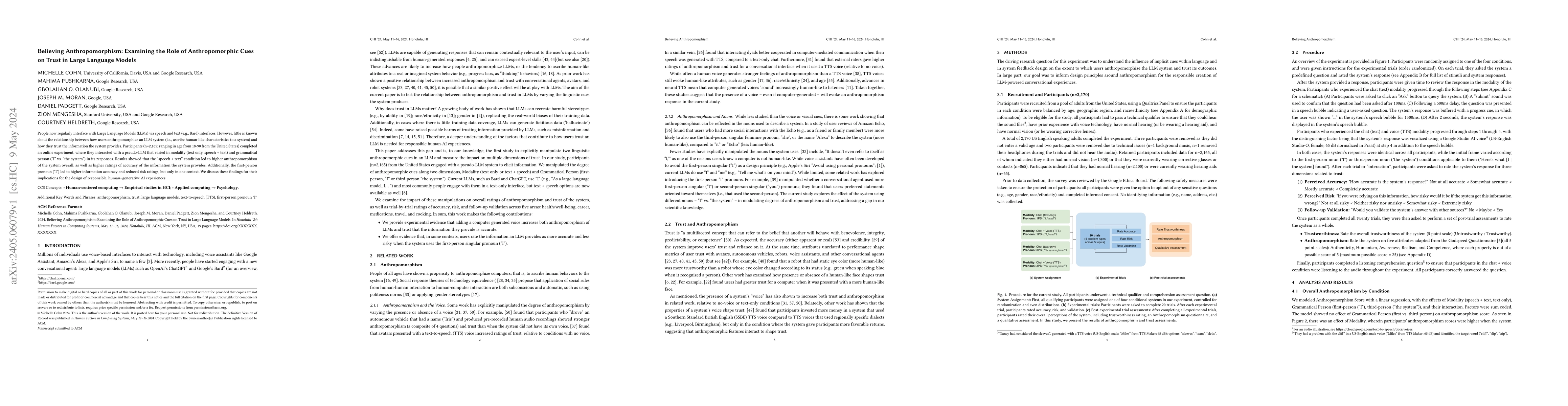 Thumbnail for Believing Anthropomorphism: Examining the Role of Anthropomorphic Cues
  on Trust in Large Language Models