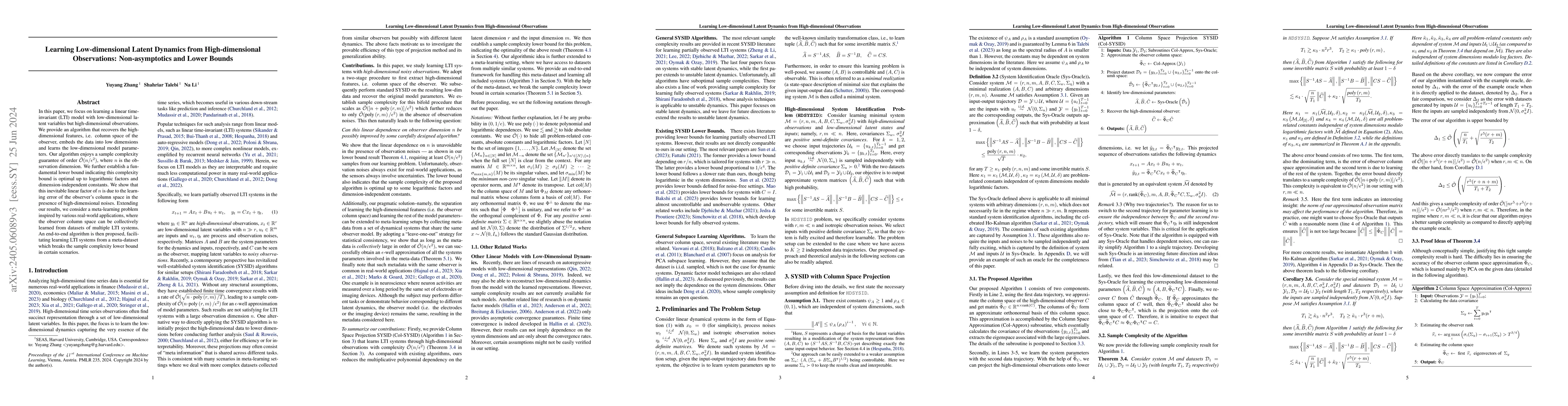 Thumbnail for Learning Low-dimensional Latent Dynamics from High-dimensional
  Observations: Non-asymptotics and Lower Bounds
