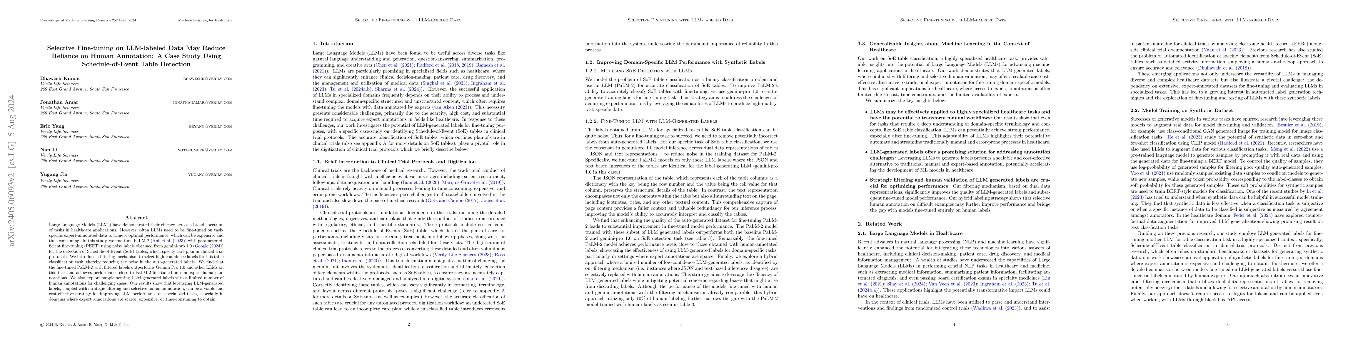 Thumbnail for Selective Fine-tuning on LLM-labeled Data May Reduce Reliance on Human
  Annotation: A Case Study Using Schedule-of-Event Table Detection