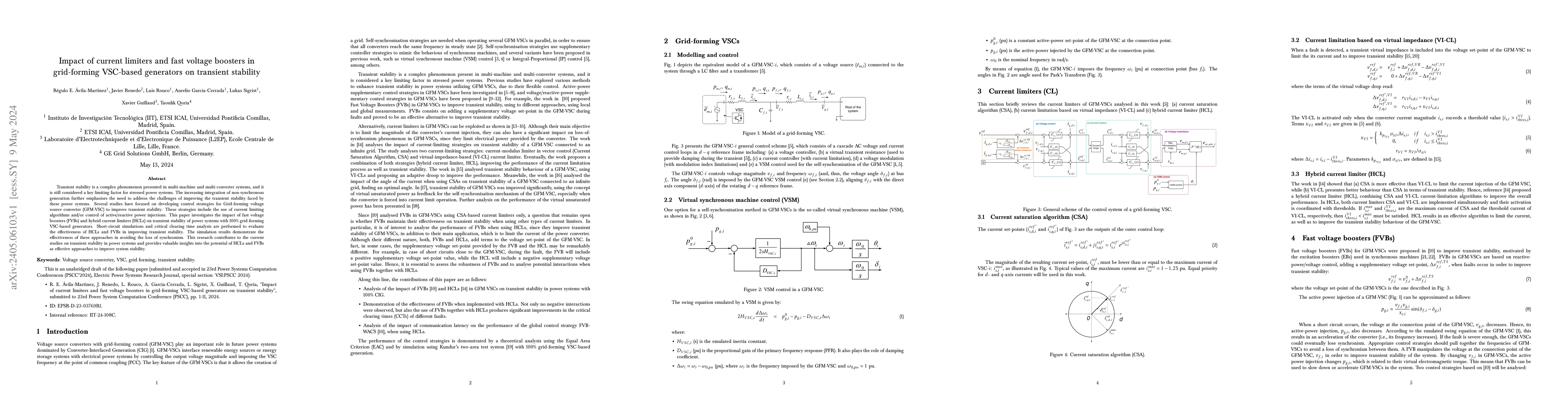 Thumbnail for Impact of current limiters and fast voltage boosters in grid-forming
  VSC-based generators on transient stability
