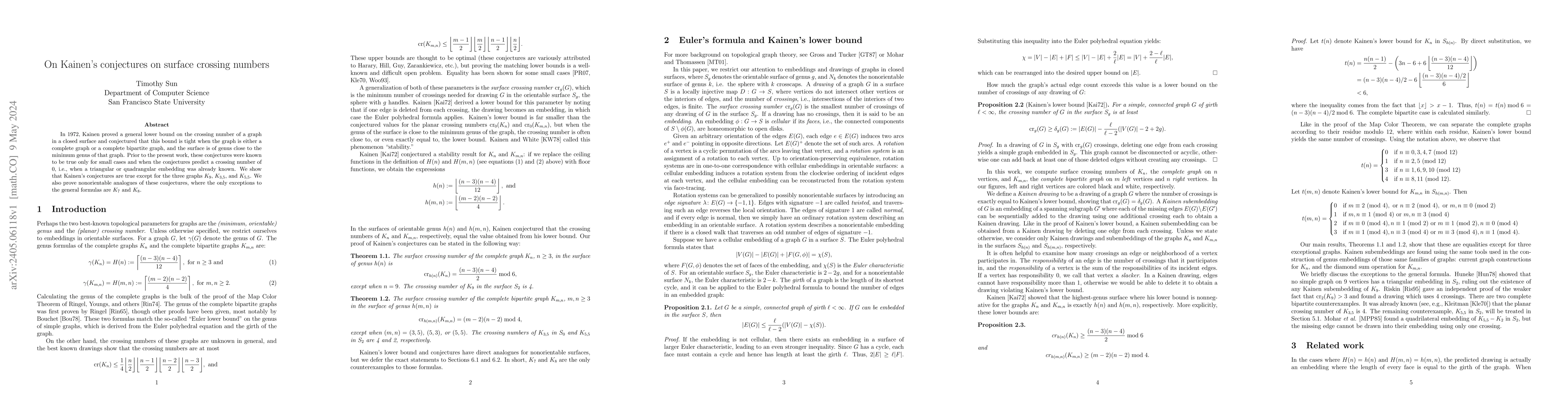 Thumbnail for On Kainen's conjectures on surface crossing numbers