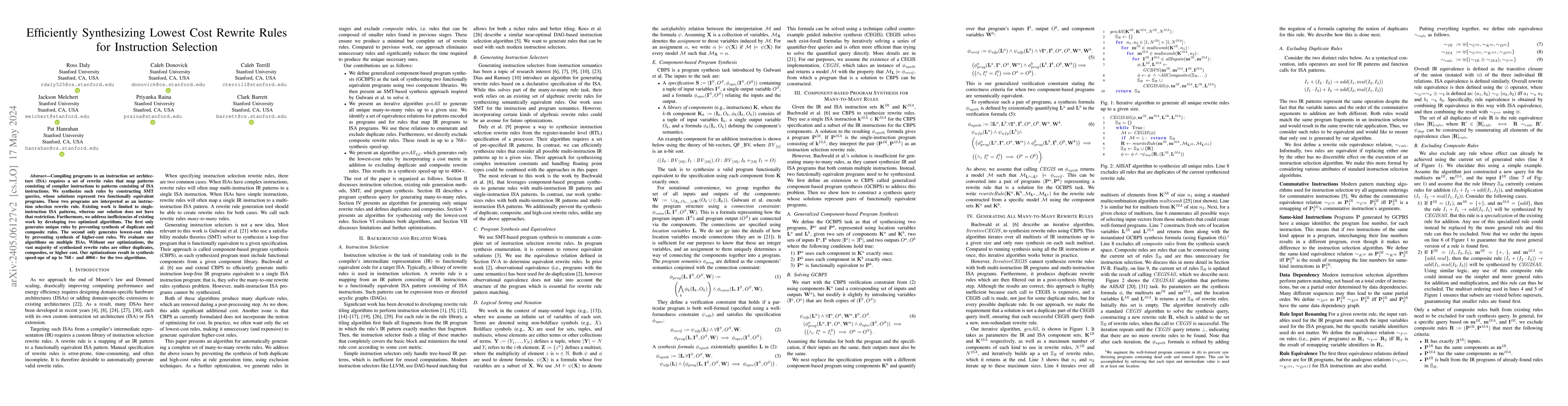 Thumbnail for Efficiently Synthesizing Lowest Cost Rewrite Rules for Instruction
  Selection