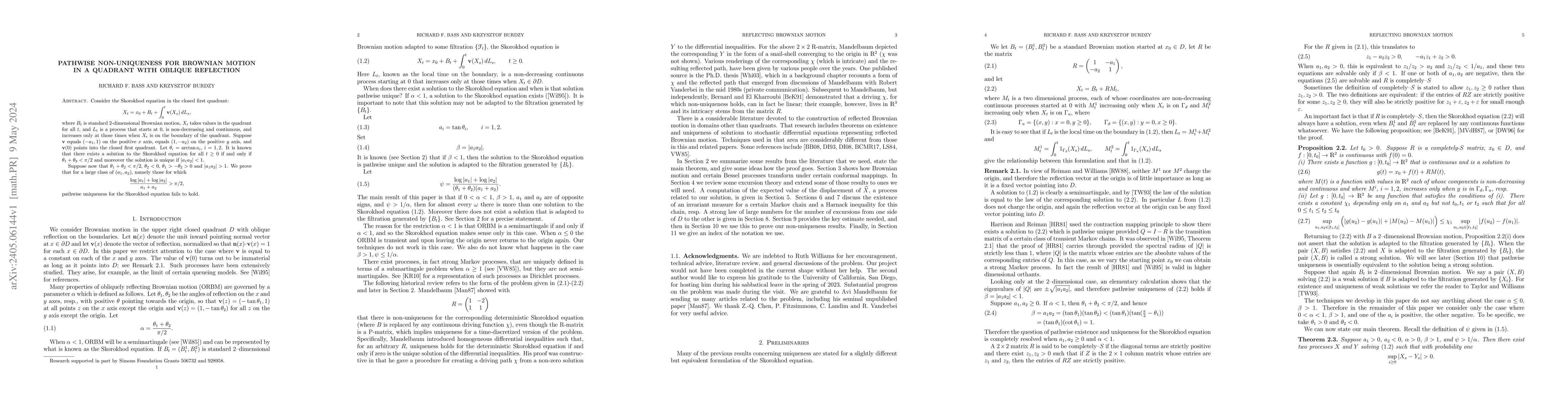 Thumbnail for Pathwise non-uniqueness for Brownian motion in a quadrant with oblique
  reflection