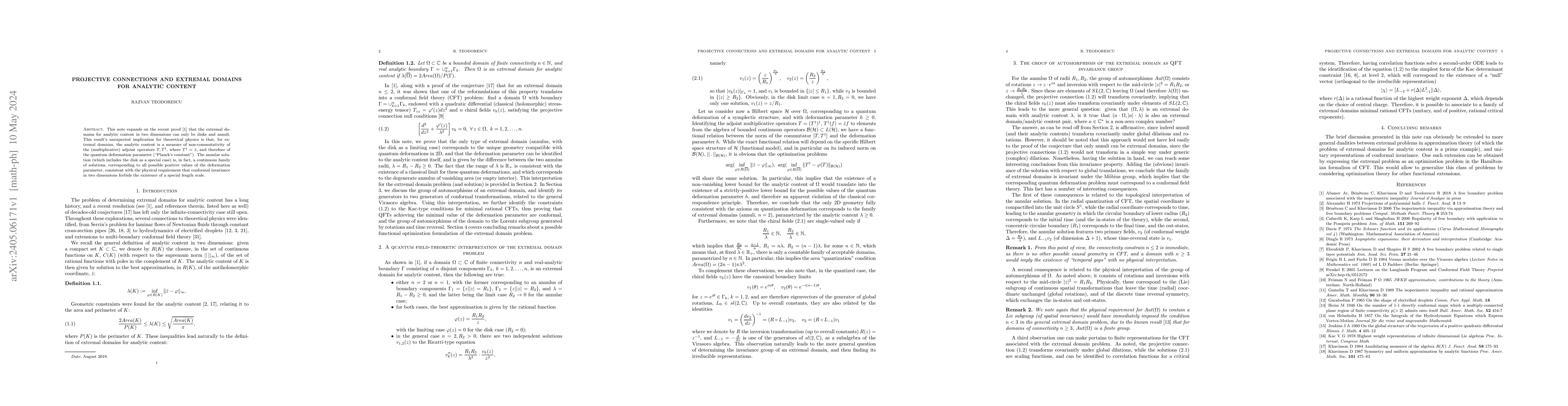 Thumbnail for Projective connections and extremal domains for analytic content