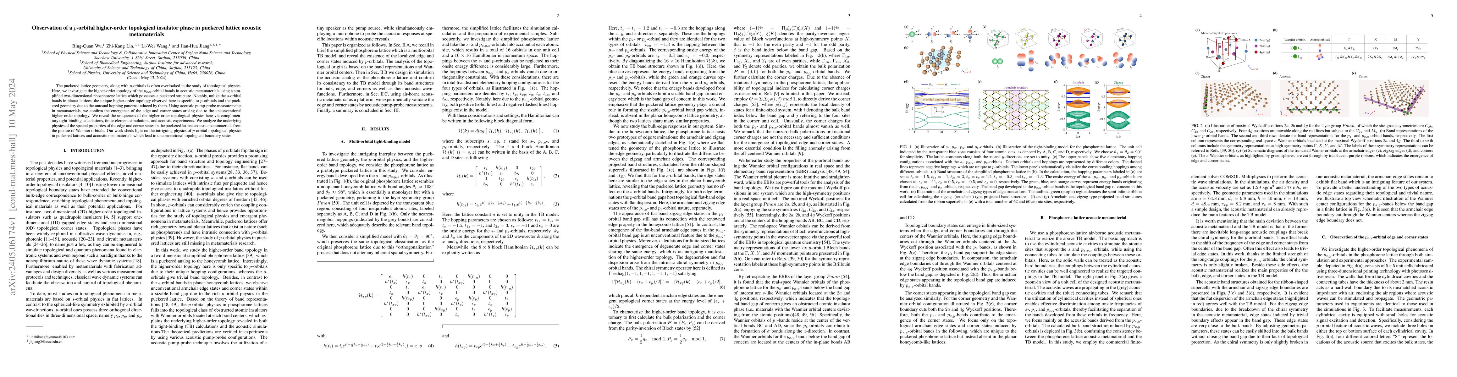 Thumbnail for Observation of a $p$-orbital higher-order topological insulator phase in
  puckered lattice acoustic metamaterials
