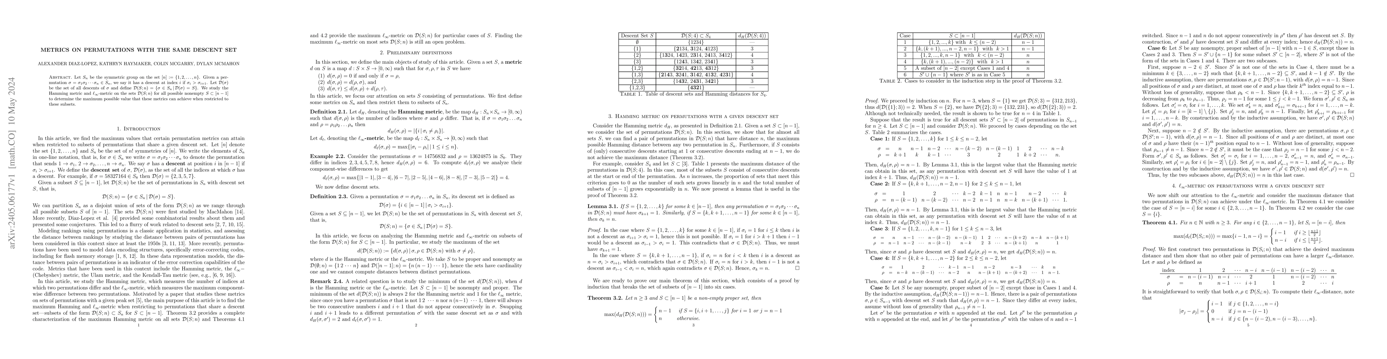 Thumbnail for Metrics on permutations with the same descent set