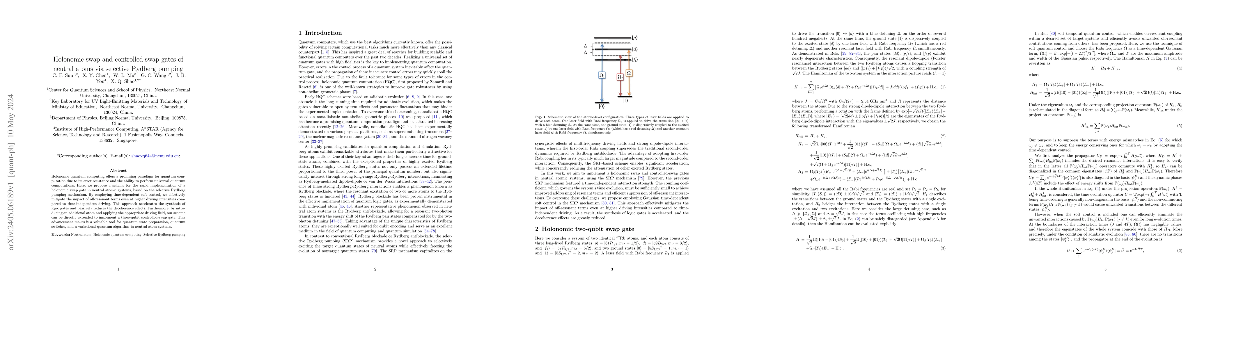 Thumbnail for Holonomic swap and controlled-swap gates of neutral atoms via selective
  Rydberg pumping