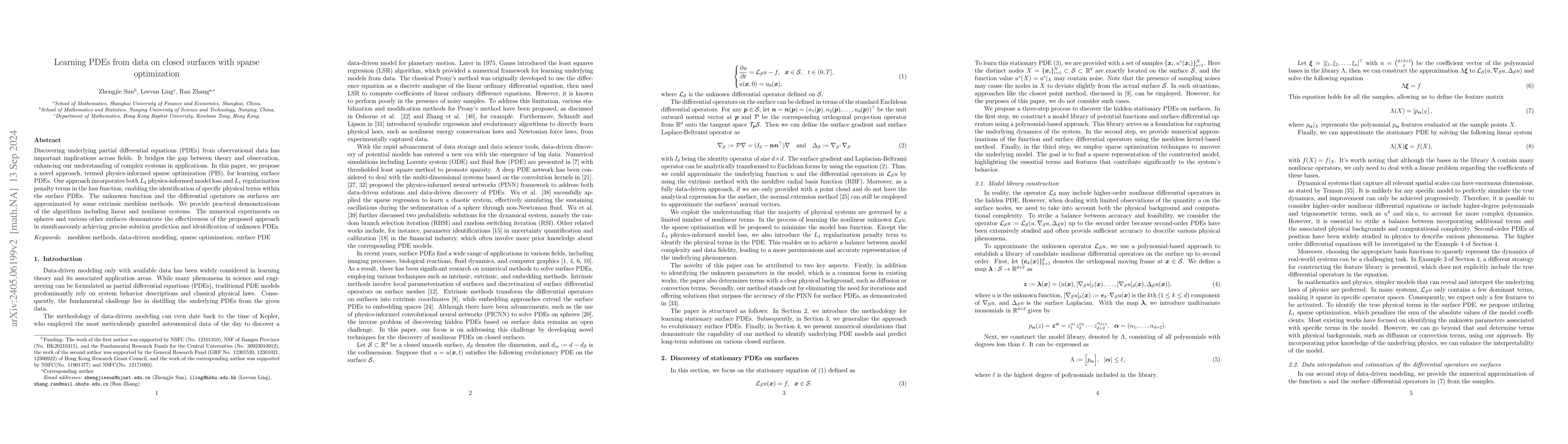 Thumbnail for Learning PDEs from data on closed surfaces with sparse optimization