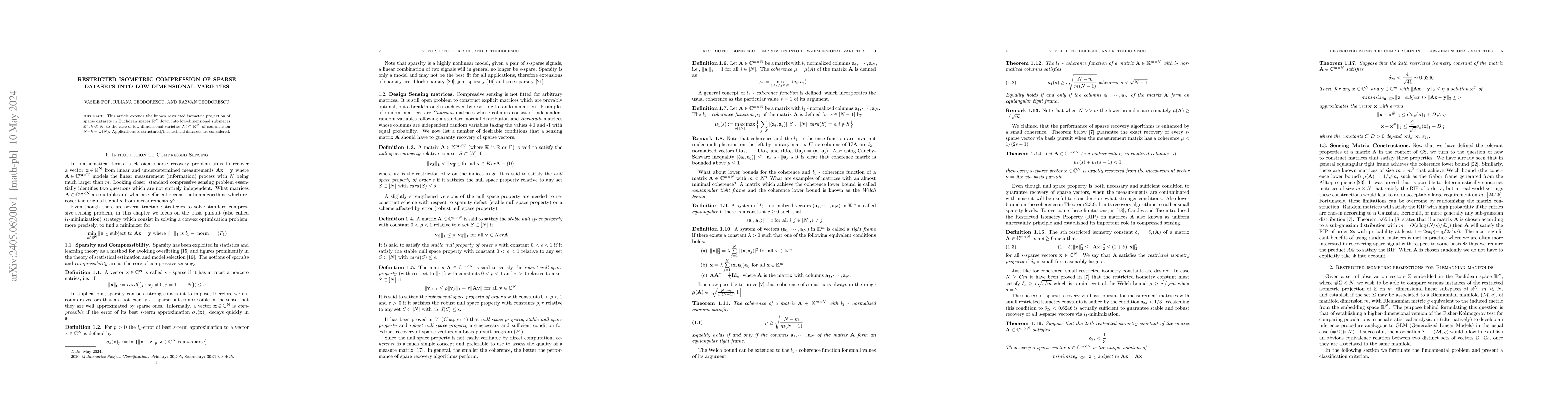 Thumbnail for Restricted isometric compression of sparse datasets into low-dimensional
  varieties