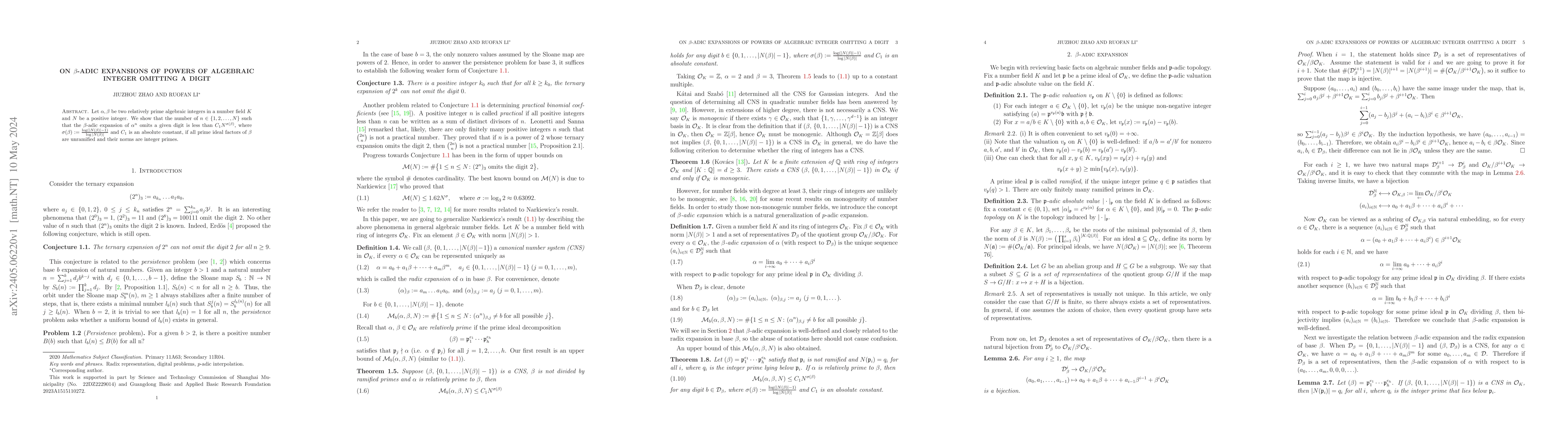 Thumbnail for On $\beta$-adic expansions of powers of algebraic integer omitting a
  digit