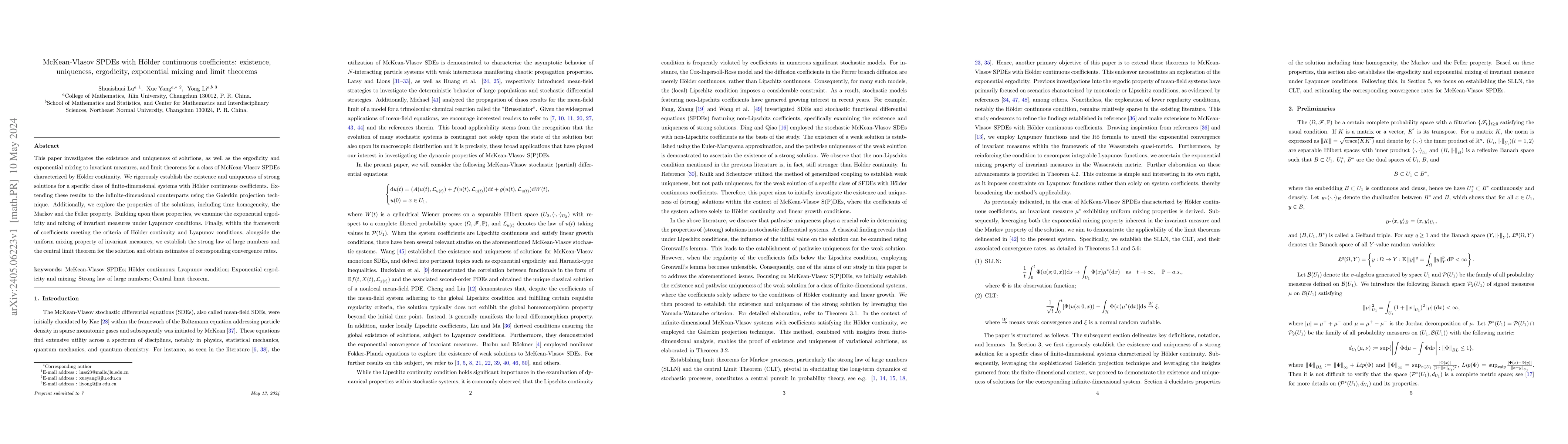 Thumbnail for McKean-Vlasov SPDEs with H\"older continuous coefficients: existence,
  uniqueness, ergodicity, exponential mixing and limit theorems