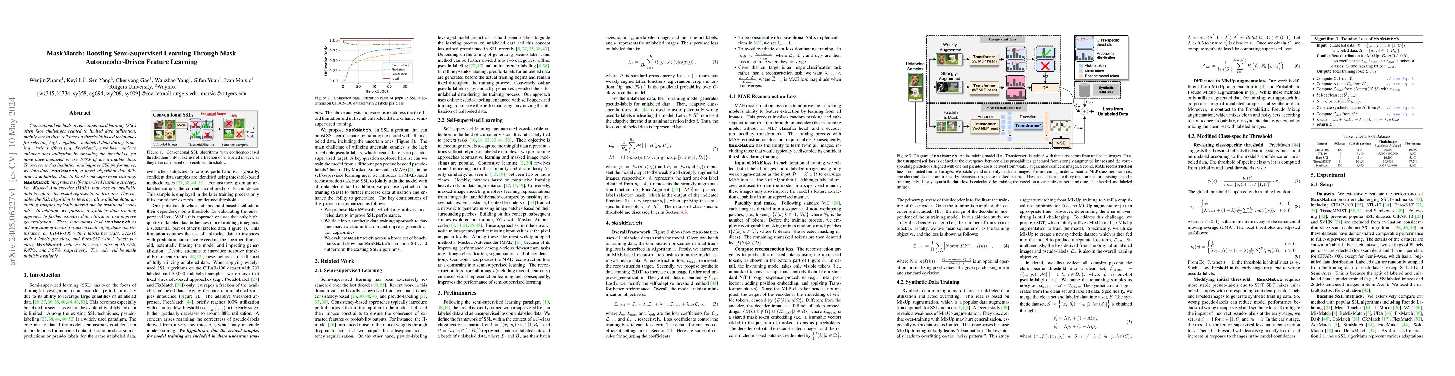 Thumbnail for MaskMatch: Boosting Semi-Supervised Learning Through Mask
  Autoencoder-Driven Feature Learning