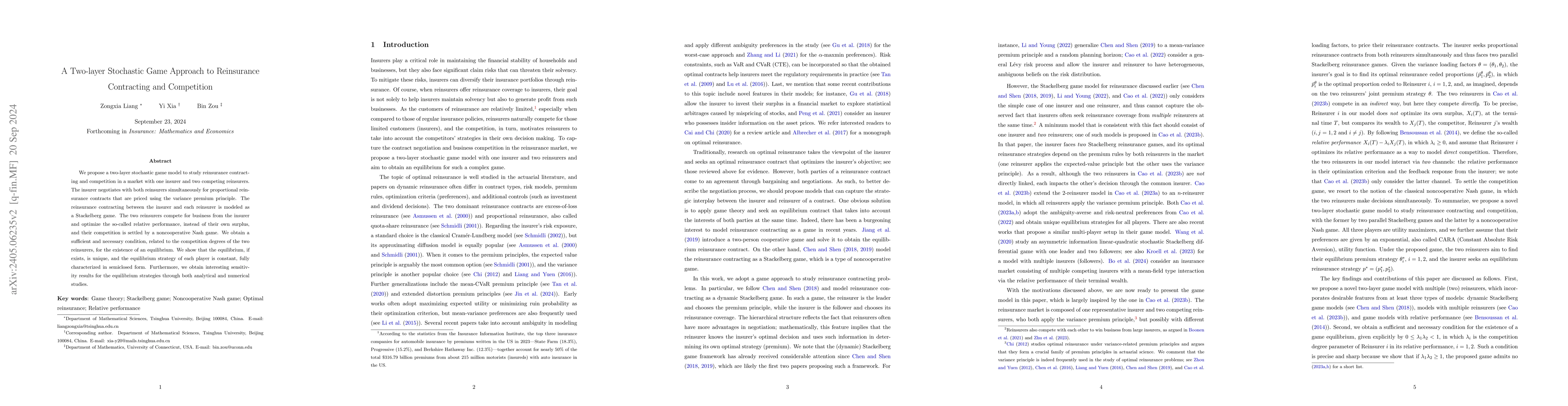 Thumbnail for A Two-layer Stochastic Game Approach to Reinsurance Contracting and
  Competition