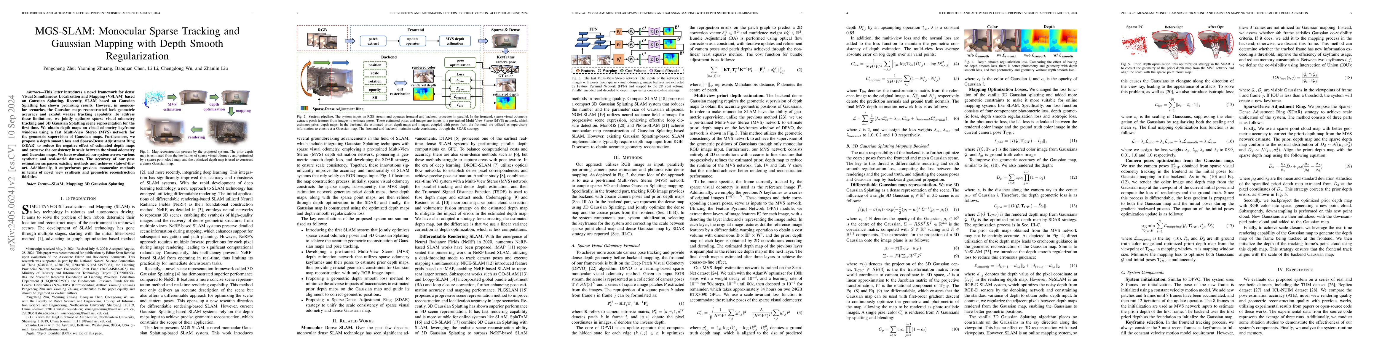Thumbnail for MGS-SLAM: Monocular Sparse Tracking and Gaussian Mapping with Depth
  Smooth Regularization