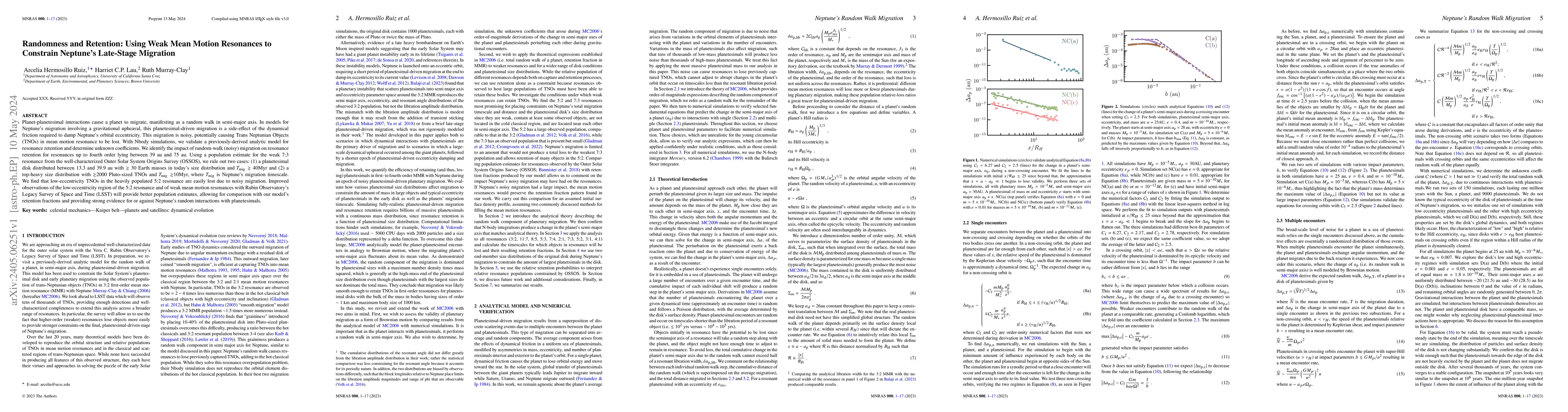 Thumbnail for Randomness and Retention: Using Weak Mean Motion Resonances to Constrain
  Neptune's Late-Stage Migration