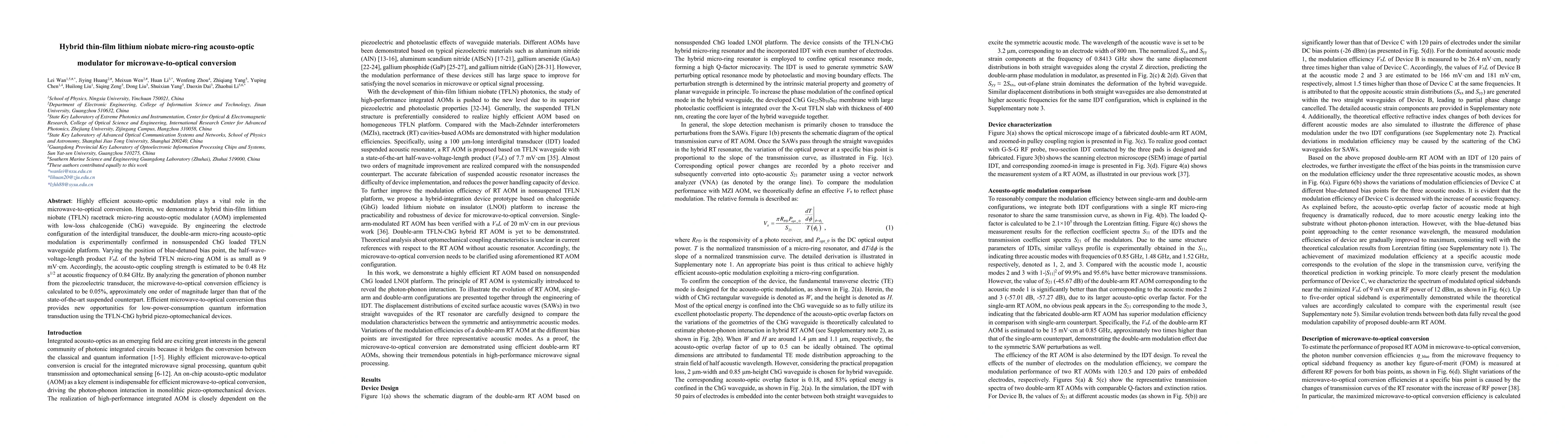 Thumbnail for Hybrid thin-film lithium niobate micro-ring acousto-optic modulator for
  microwave-to-optical conversion