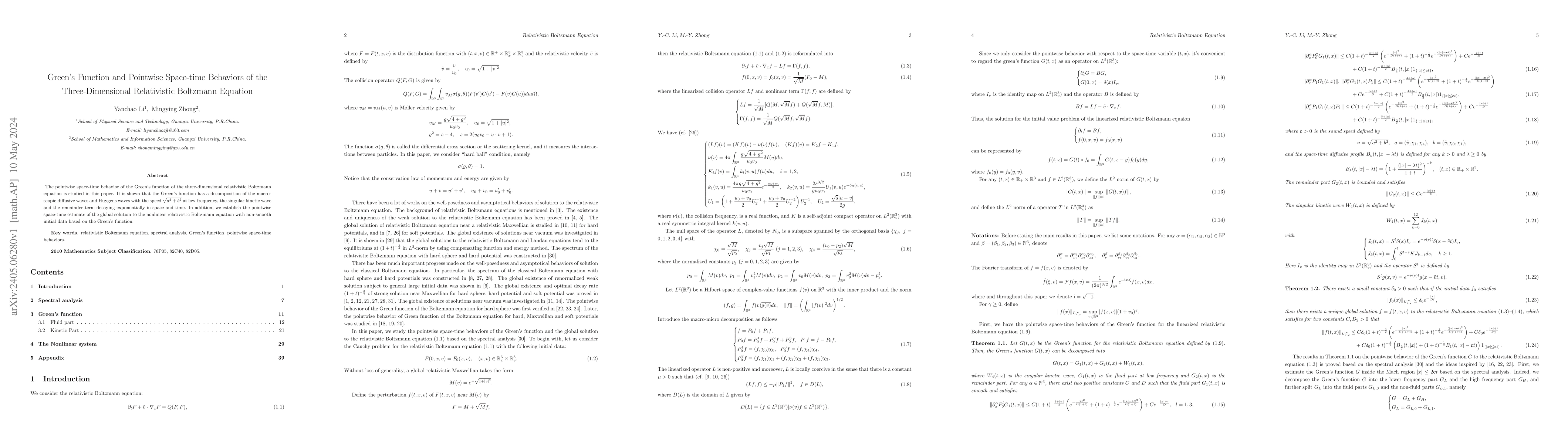 Thumbnail for Green's Function and Pointwise Space-time Behaviors of the
  Three-Dimensional Relativistic Boltzmann Equation