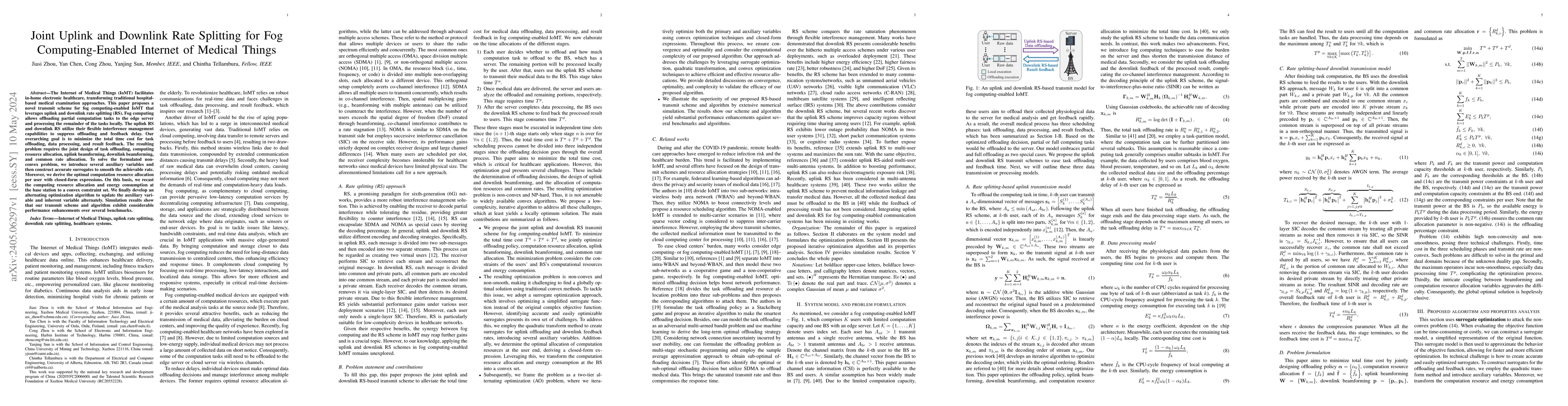 Thumbnail for Joint Uplink and Downlink Rate Splitting for Fog Computing-Enabled
  Internet of Medical Things