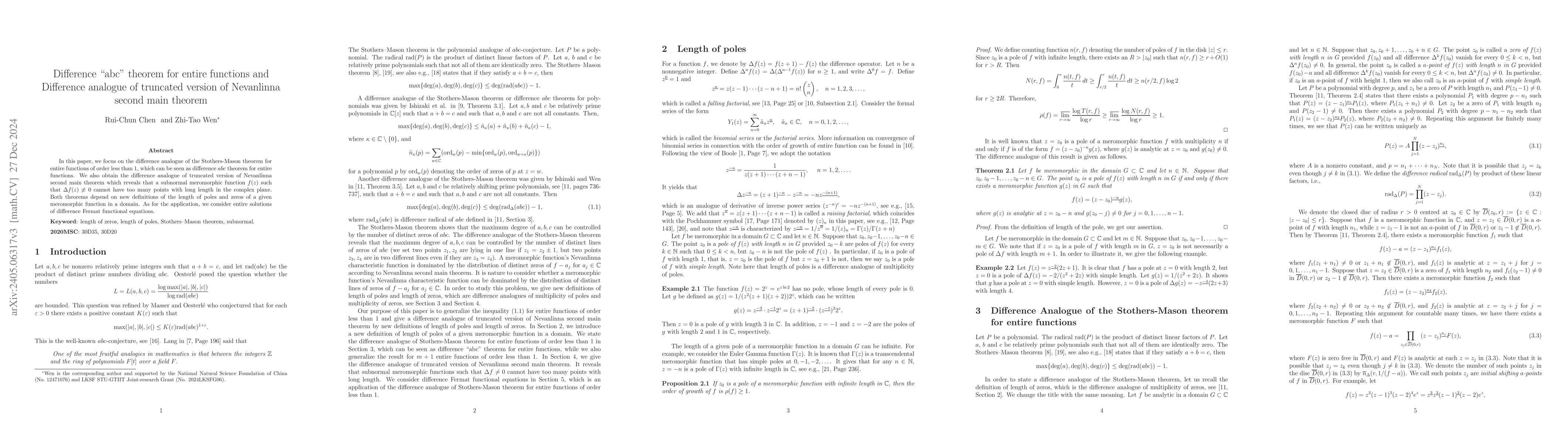 Thumbnail for Difference "abc" theorem for entire functions and Difference analogue of
  truncated version of Nevanlinna second main theorem
