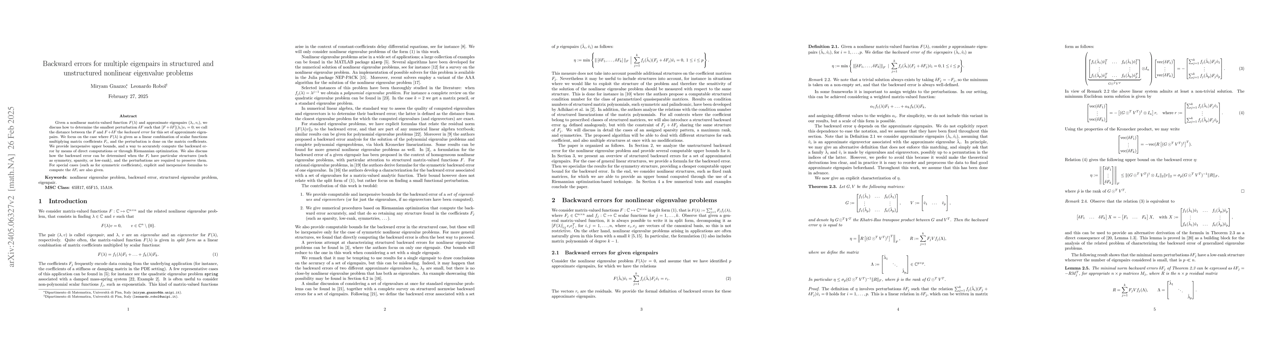 Thumbnail for Backward errors for multiple eigenpairs in structured and unstructured
  nonlinear eigenvalue problems