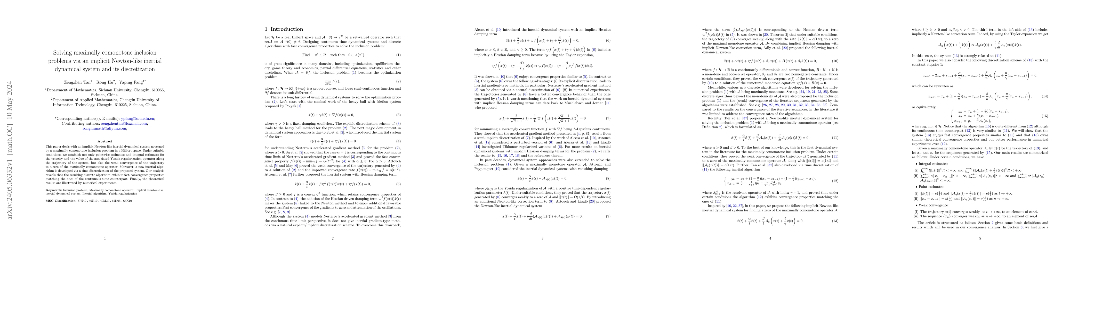Thumbnail for Solving maximally comonotone inclusion problems via an implicit
  Newton-like inertial dynamical system and its discretization