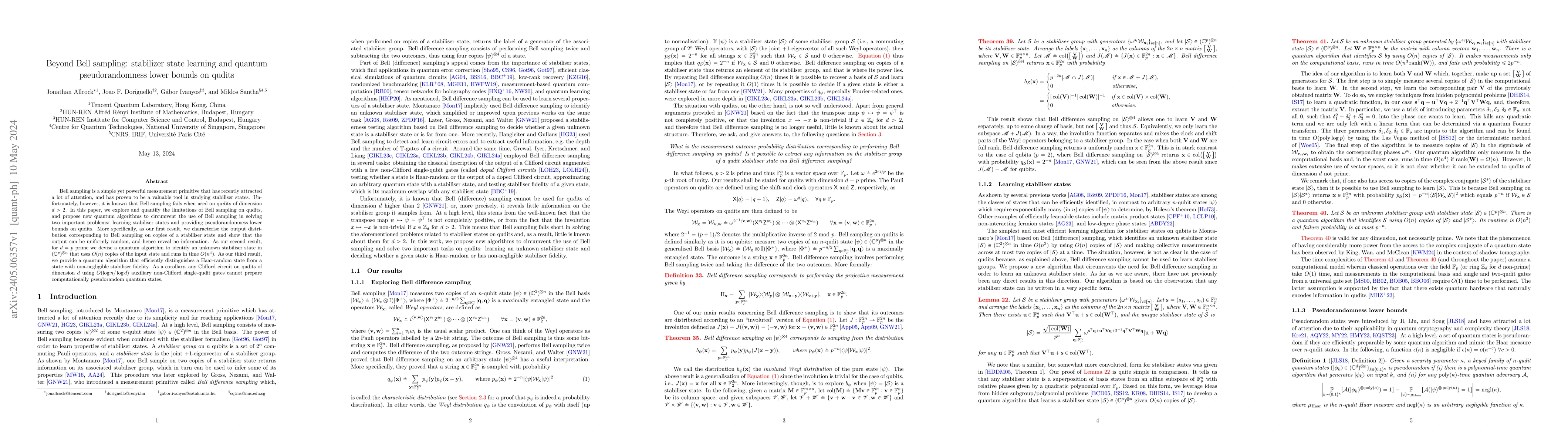 Thumbnail for Beyond Bell sampling: stabilizer state learning and quantum
  pseudorandomness lower bounds on qudits