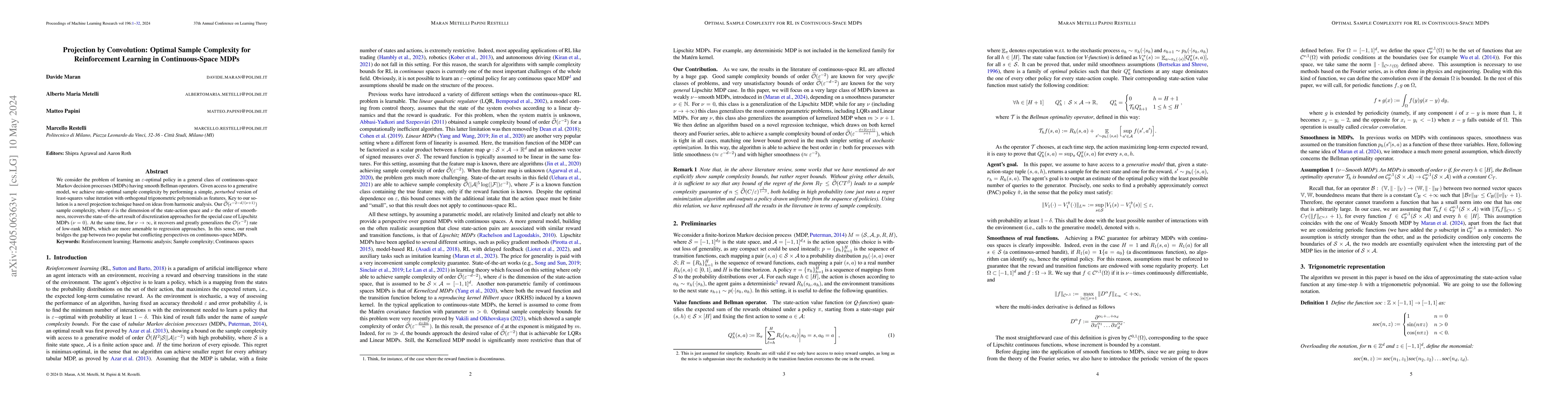 Thumbnail for Projection by Convolution: Optimal Sample Complexity for Reinforcement
  Learning in Continuous-Space MDPs