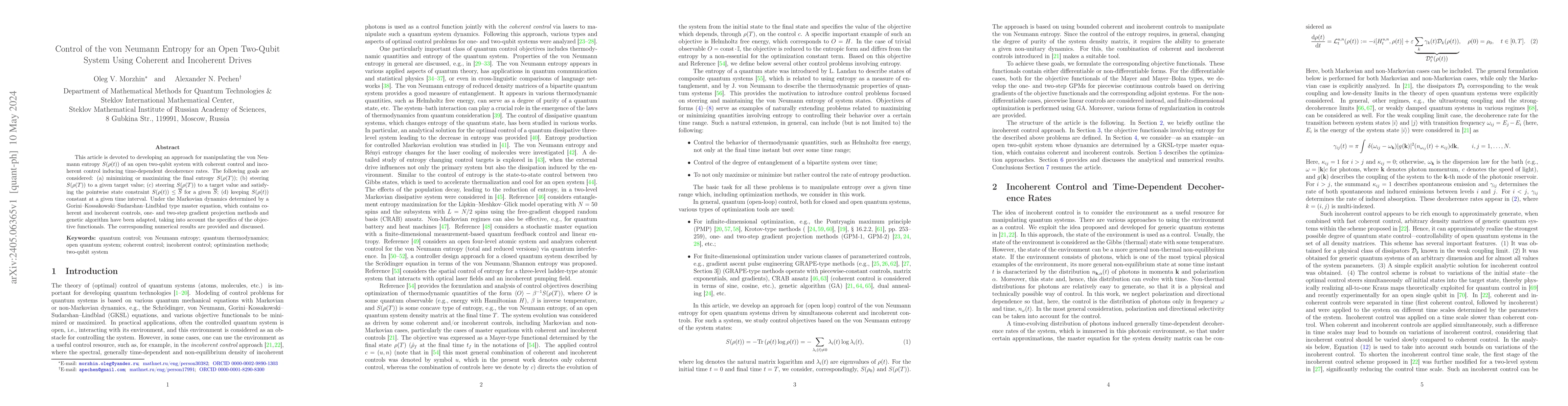 Thumbnail for Control of the von Neumann Entropy for an Open Two-Qubit System Using
  Coherent and Incoherent Drives
