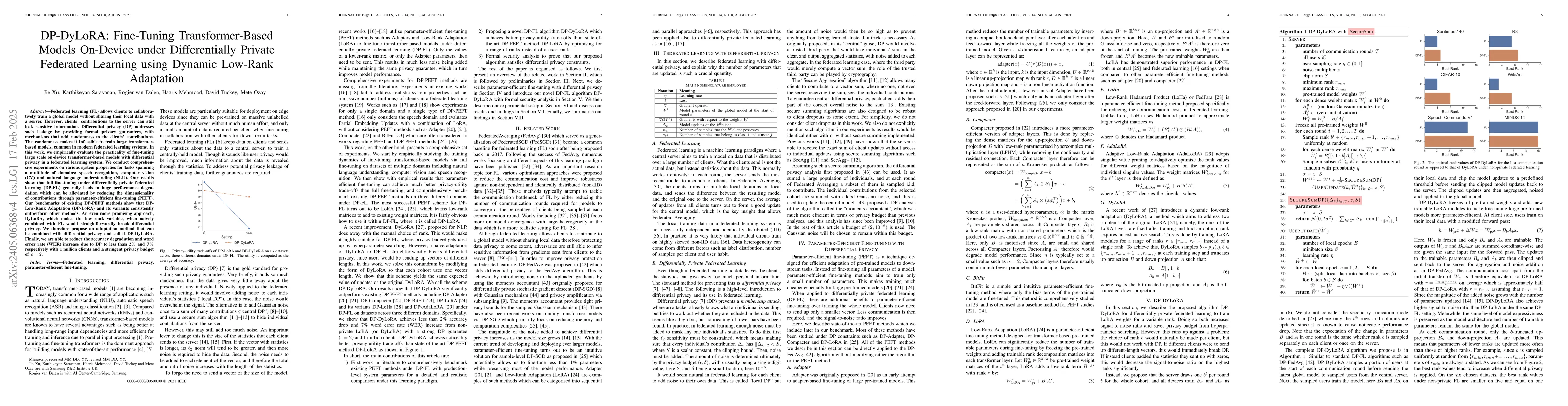 Thumbnail for DP-DyLoRA: Fine-Tuning Transformer-Based Models On-Device under
  Differentially Private Federated Learning using Dynamic Low-Rank Adaptation