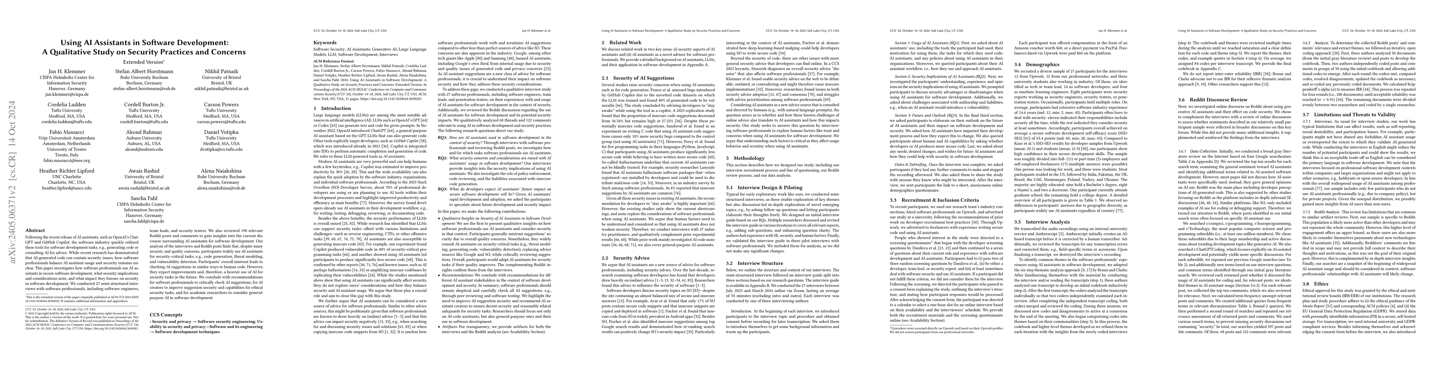 Thumbnail for Using AI Assistants in Software Development: A Qualitative Study on
  Security Practices and Concerns