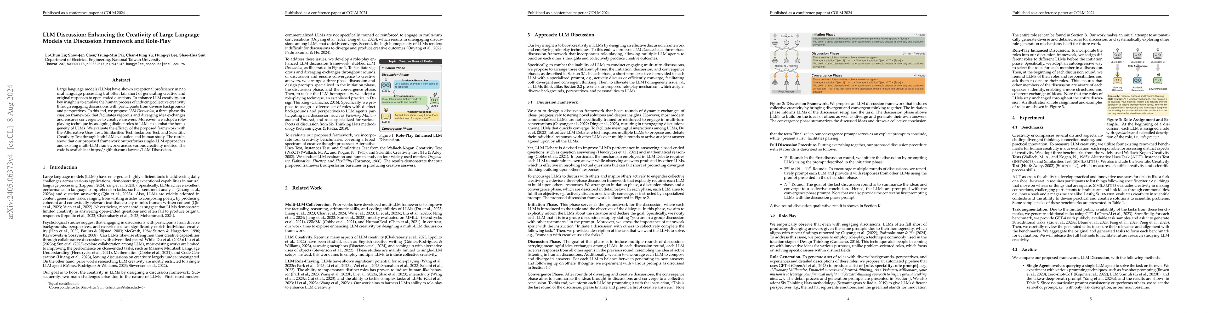 Thumbnail for LLM Discussion: Enhancing the Creativity of Large Language Models via
  Discussion Framework and Role-Play