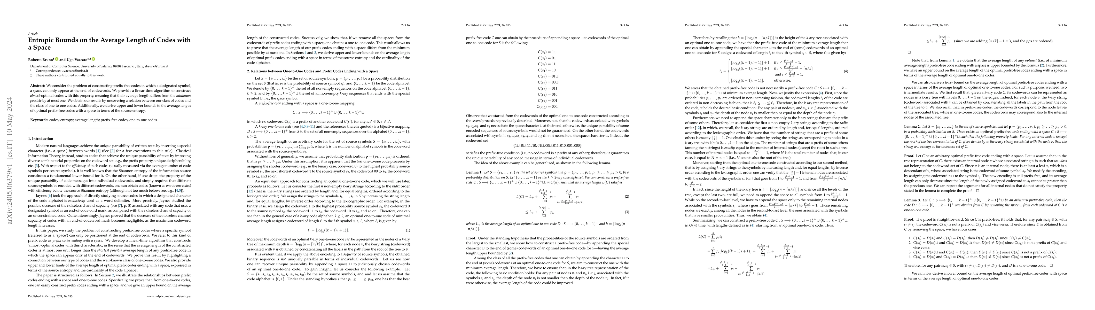 Thumbnail for Entropic Bounds on the Average Length of Codes with a Space