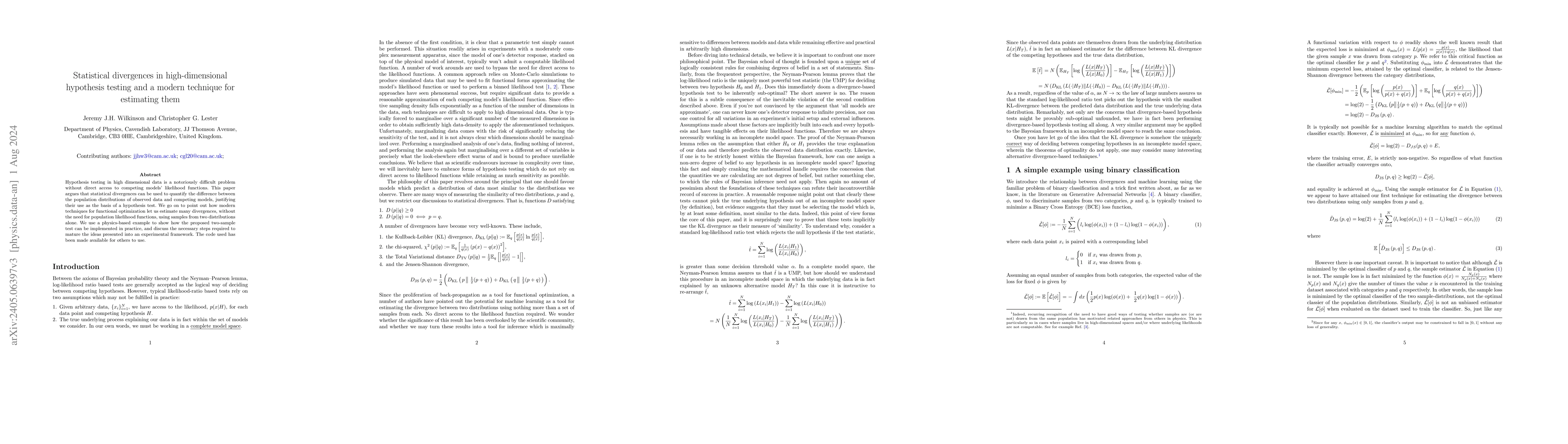 Thumbnail for Statistical divergences in high-dimensional hypothesis testing and a
  modern technique for estimating them