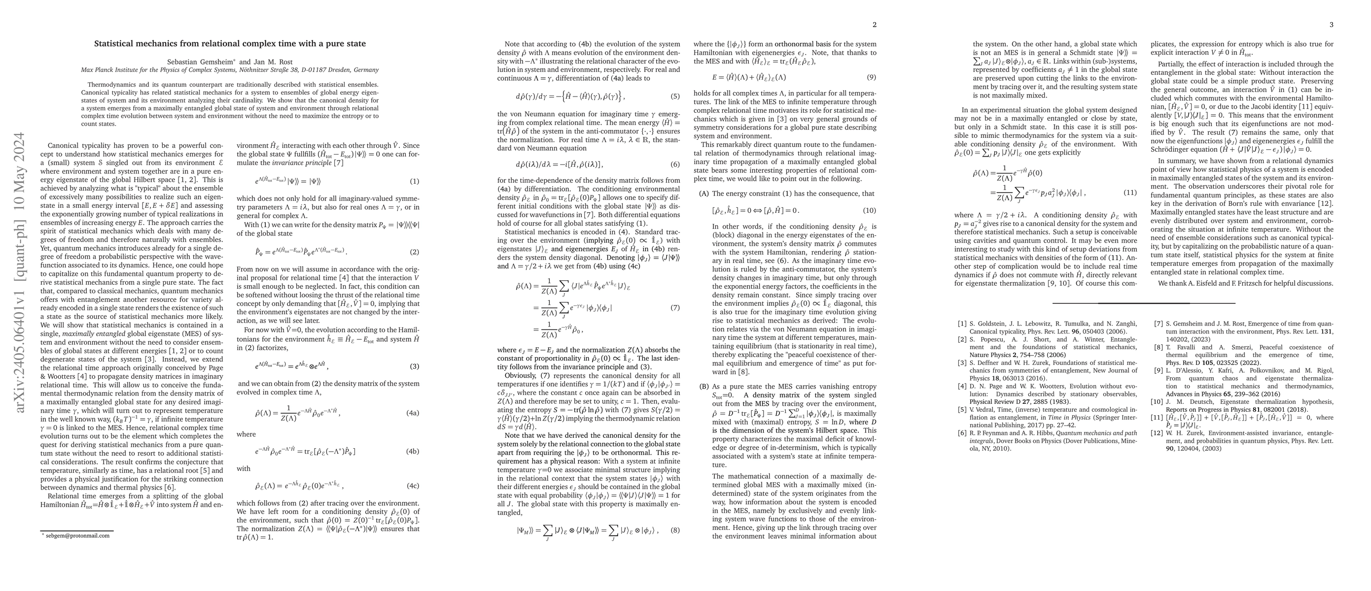 Thumbnail for Statistical mechanics from relational complex time with a pure state