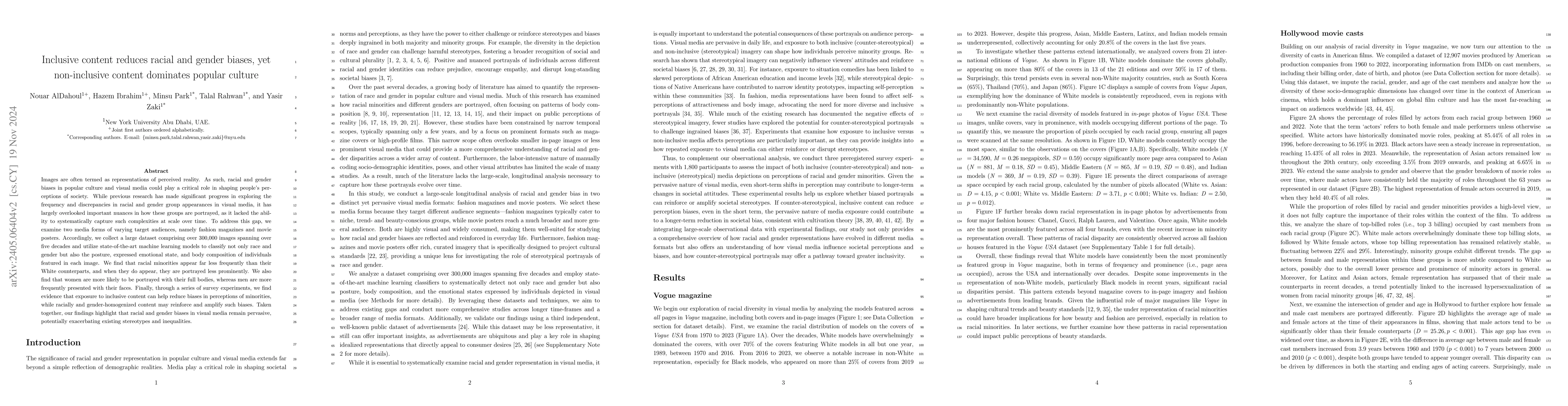 Thumbnail for Inclusive content reduces racial and gender biases, yet non-inclusive
  content dominates popular media outlets