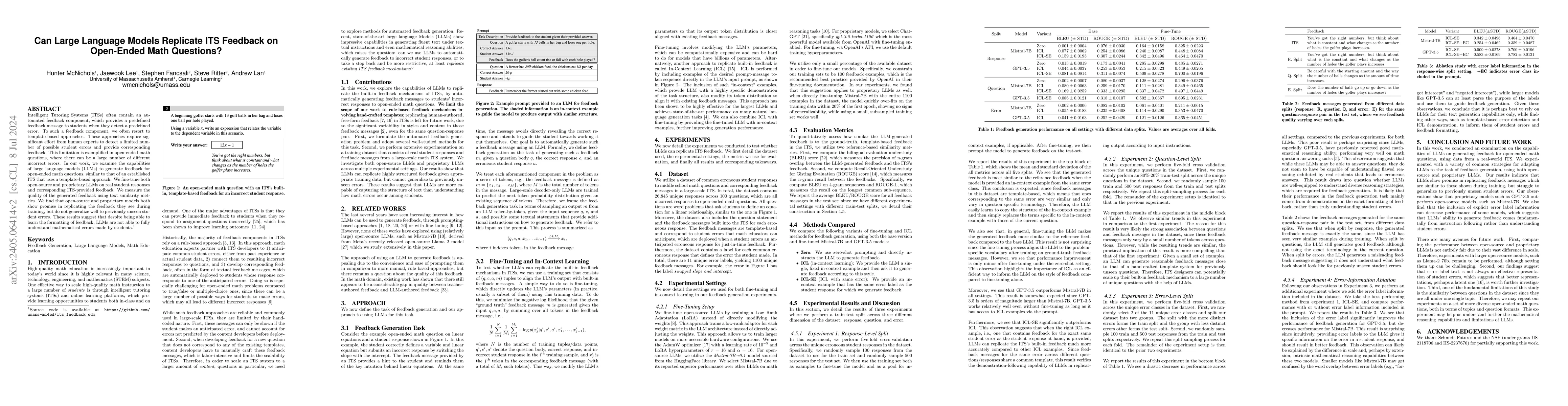 Thumbnail for Can Large Language Models Replicate ITS Feedback on Open-Ended Math
  Questions?