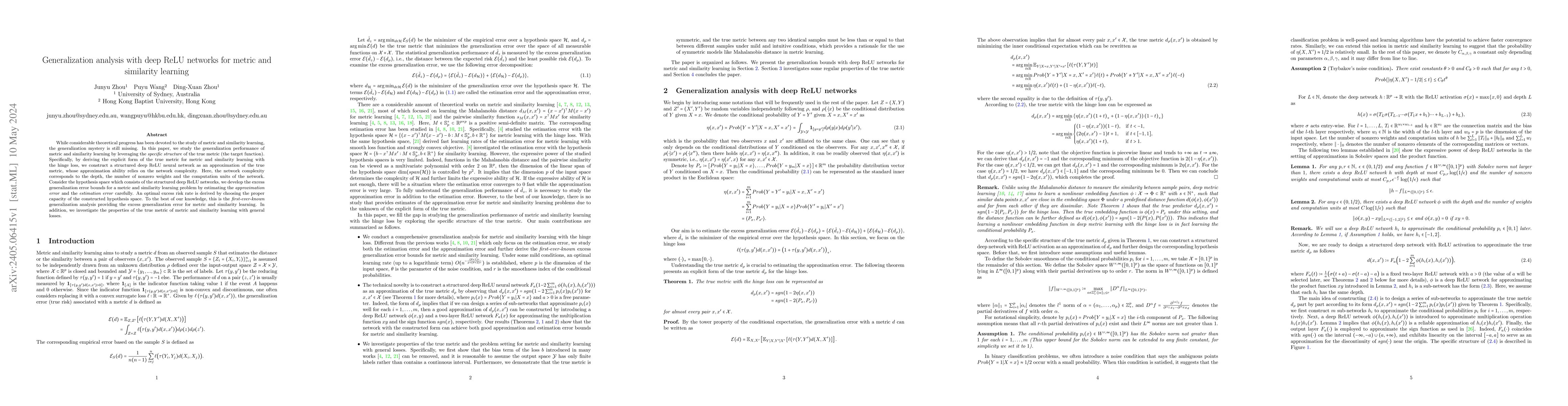 Thumbnail for Generalization analysis with deep ReLU networks for metric and
  similarity learning