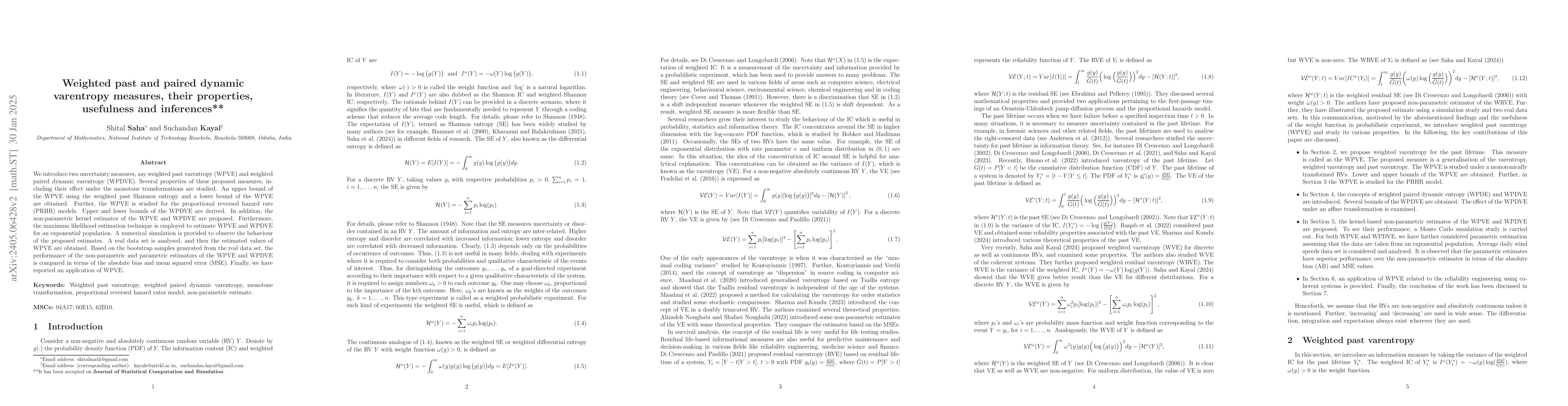 Thumbnail for Weighted past and paired dynamic varentropy measures, their properties
  and usefulness