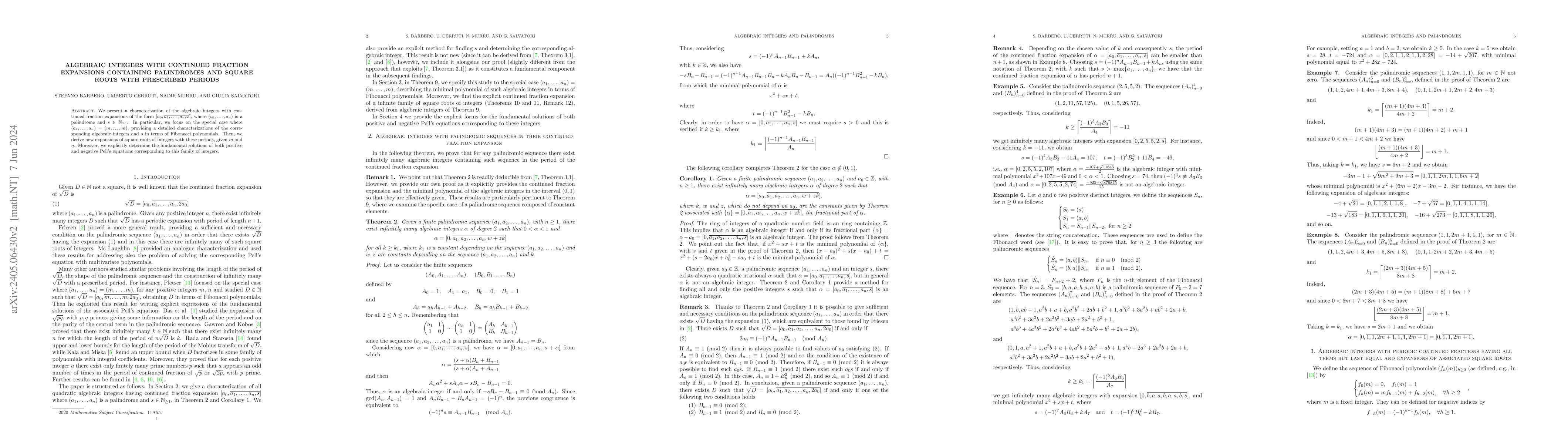 Thumbnail for Algebraic integers with continued fraction expansions containing
  palindromes and square roots with prescribed periods