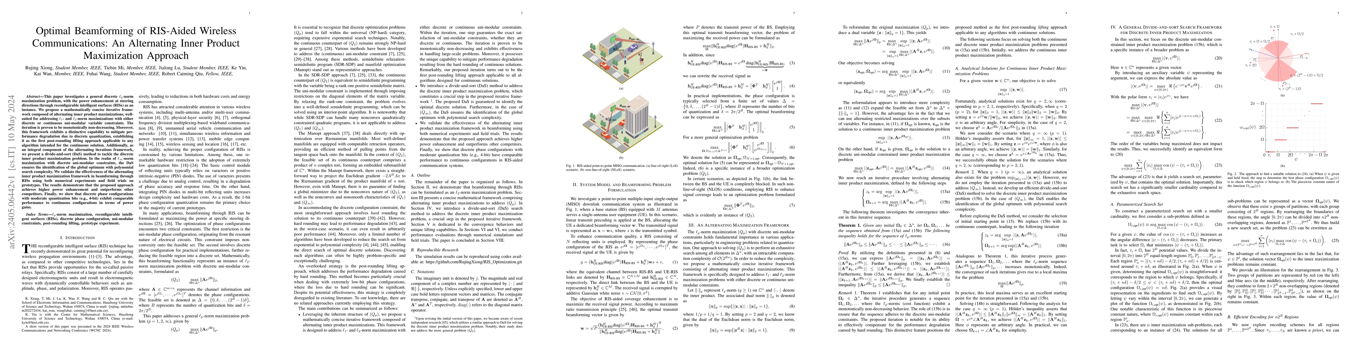 Thumbnail for Optimal Beamforming of RIS-Aided Wireless Communications: An Alternating
  Inner Product Maximization Approach