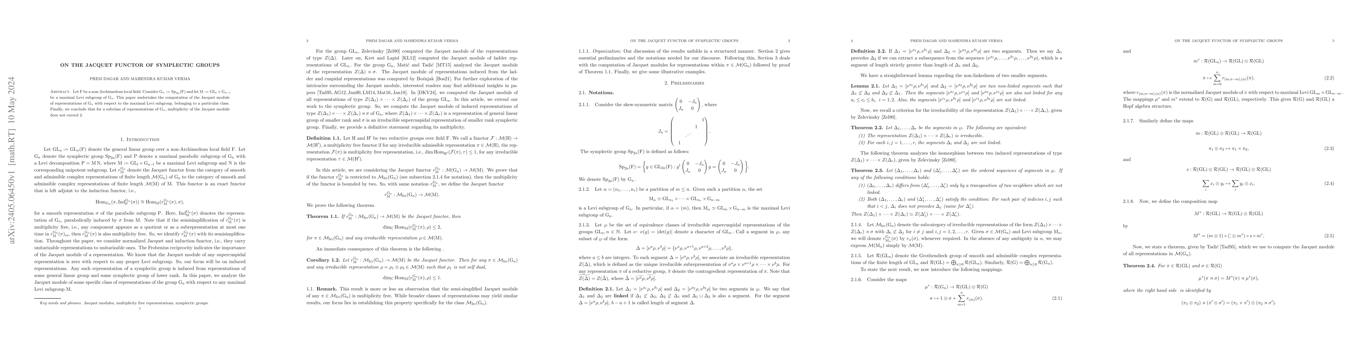 Thumbnail for On the Jacquet functor of Symplectic groups