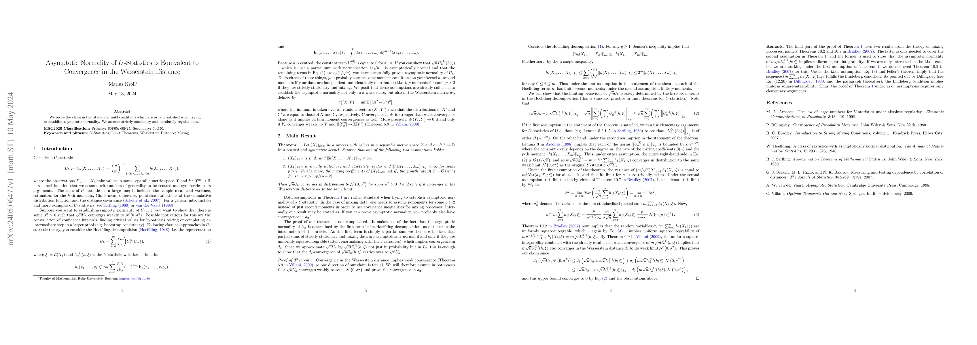 Thumbnail for Asymptotic Normality of $U$-Statistics is Equivalent to Convergence in
  the Wasserstein Distance