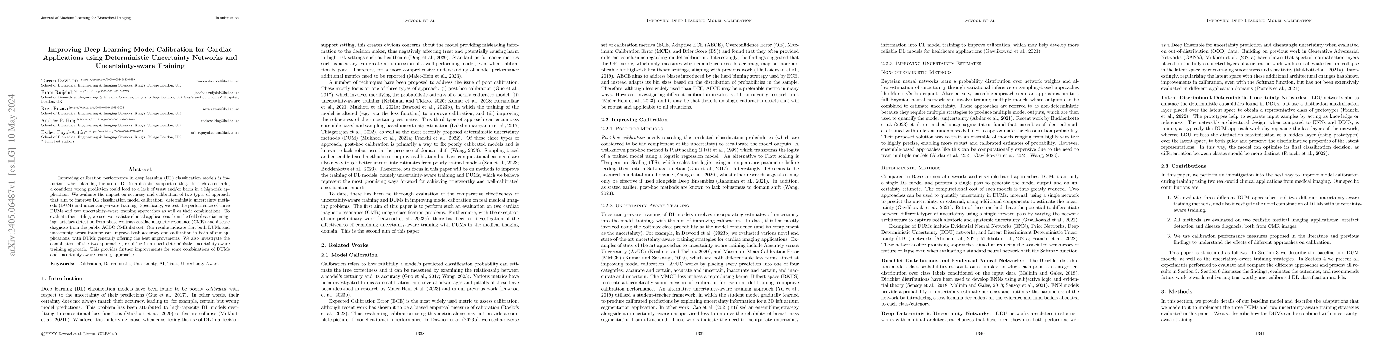 Thumbnail for Improving Deep Learning Model Calibration for Cardiac Applications using
  Deterministic Uncertainty Networks and Uncertainty-aware Training