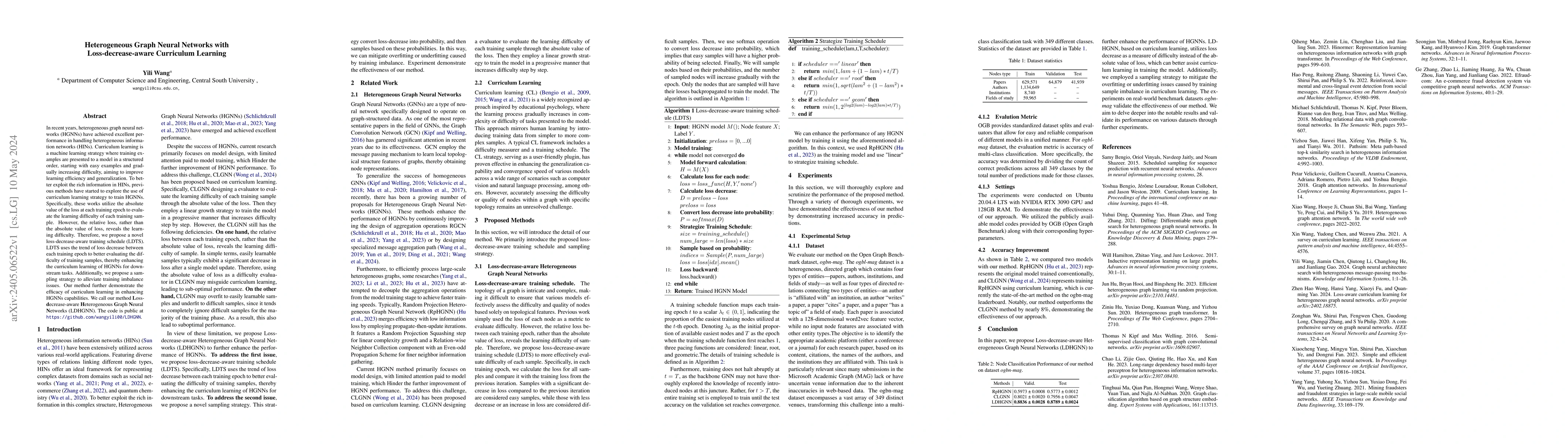 Thumbnail for Heterogeneous Graph Neural Networks with Loss-decrease-aware Curriculum
  Learning