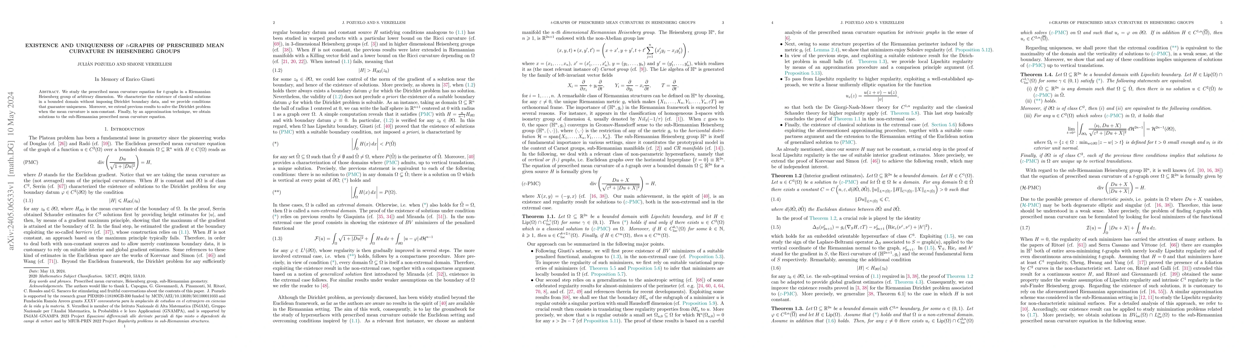Thumbnail for Existence and uniqueness of $t$-graphs of prescribed mean curvature in
  Heisenberg groups
