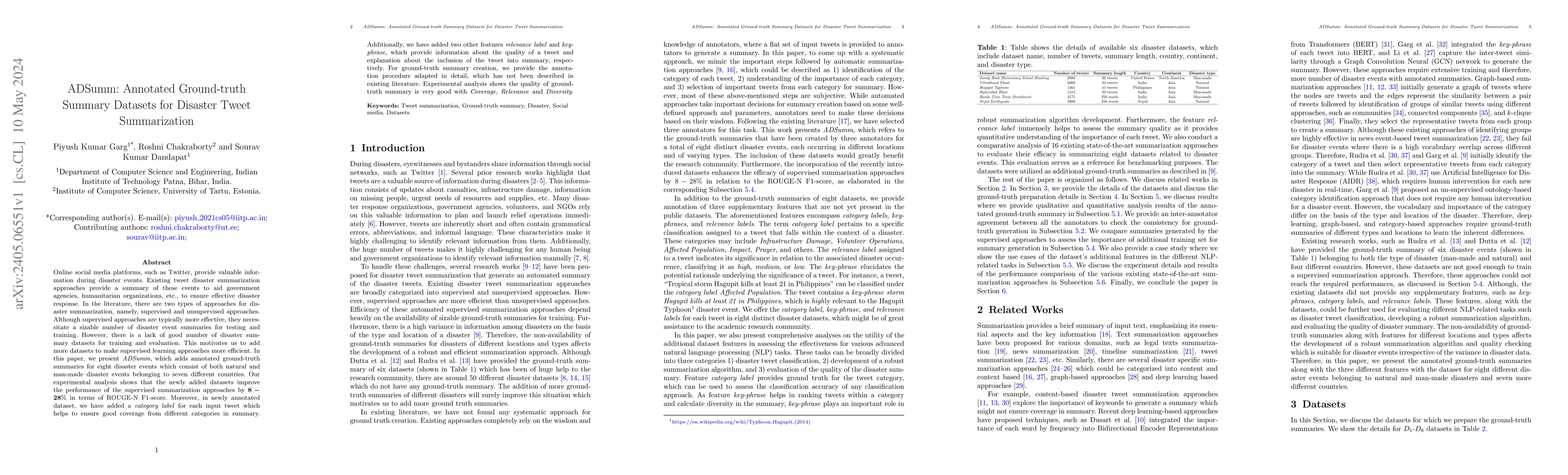 Thumbnail for ADSumm: Annotated Ground-truth Summary Datasets for Disaster Tweet
  Summarization