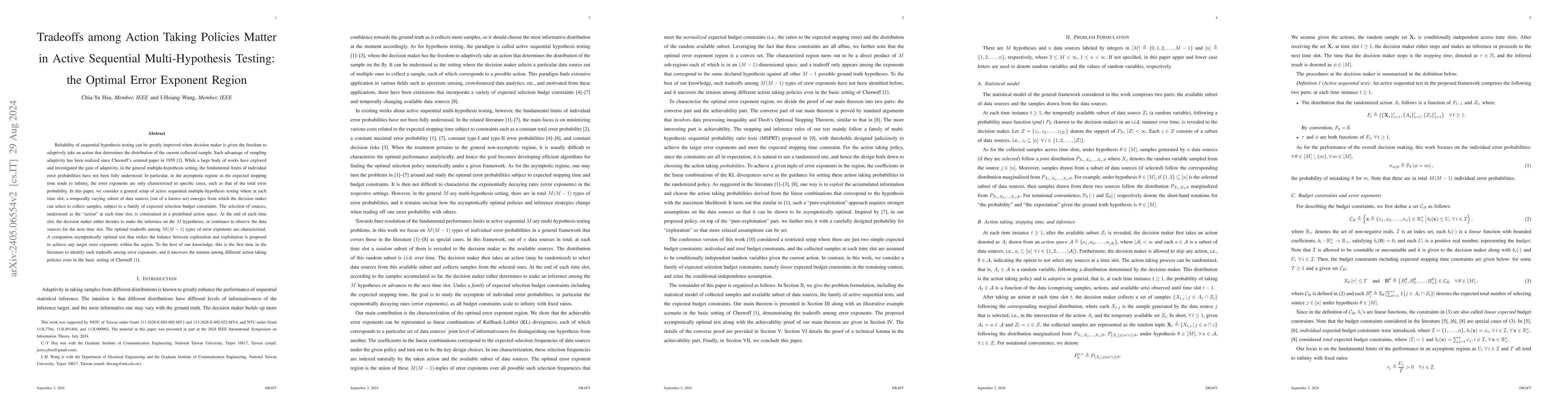 Thumbnail for Tradeoffs among Action Taking Policies Matter in Active Sequential
  Multi-Hypothesis Testing: the Optimal Error Exponent Region