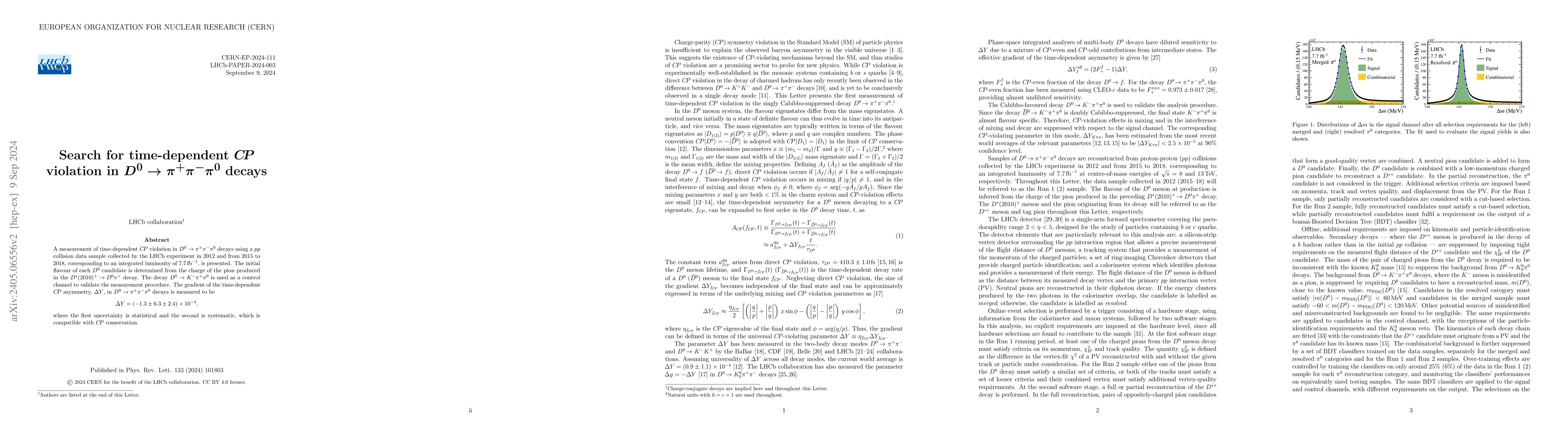 Thumbnail for Search for time-dependent $CP$ violation in $D^0 \rightarrow \pi^+ \pi^-
  \pi^0$ decays